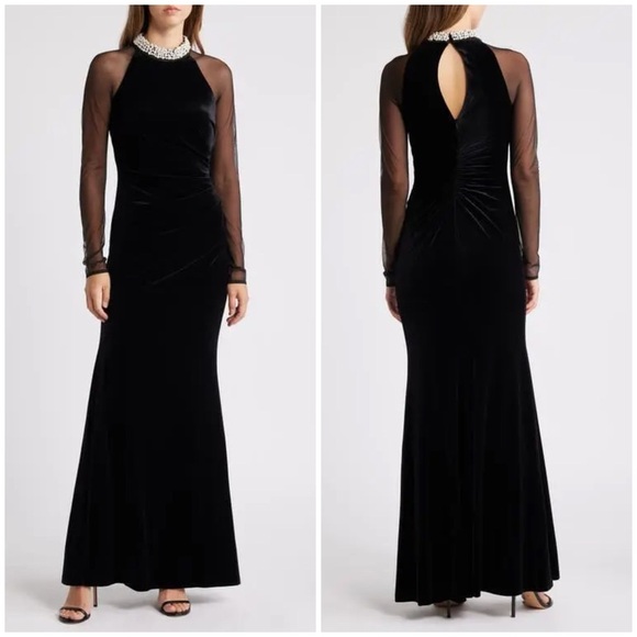 New Eliza J Embellished Ruched Sheer Long Sleeve Velvet Gown Pearl Neck Sz 8 - Picture 1 of 14